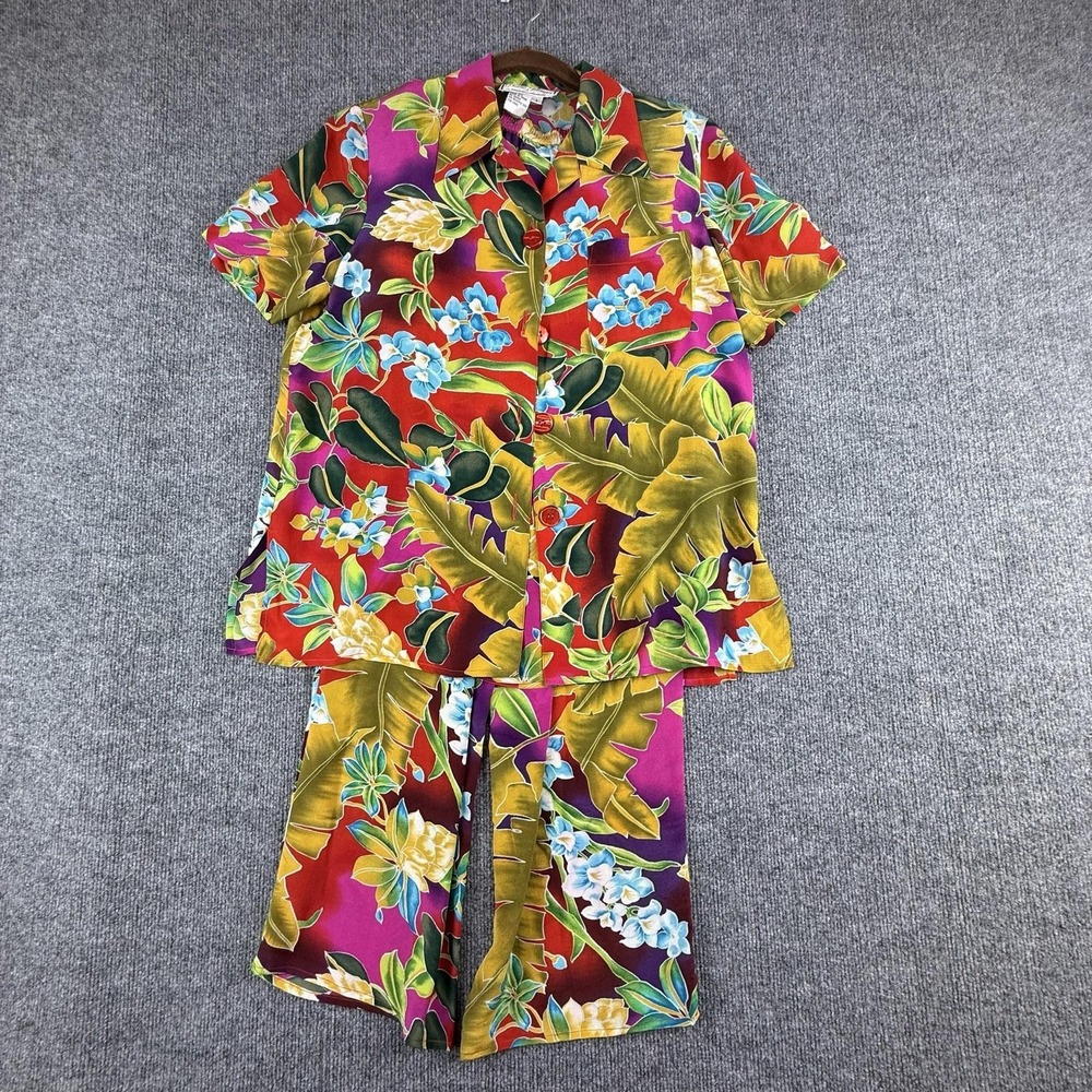 Diane Gilman Shirt Pants Skirt Set Womens Small Multicolor Silk Tropical 3 Piece